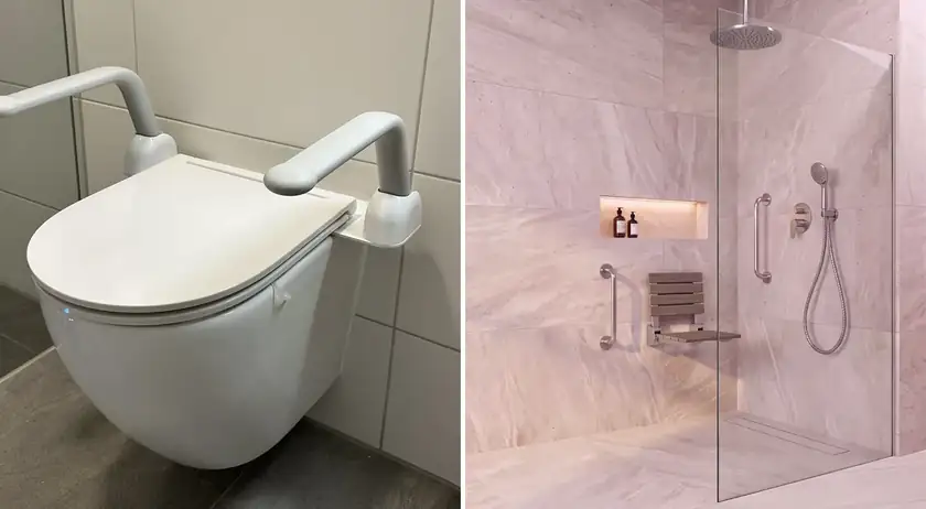 Links ein wandhängendes WC mit Stützklappgriffen, rechts eine ebenerdige Dusche mit Klappsitz und Haltegriffen
